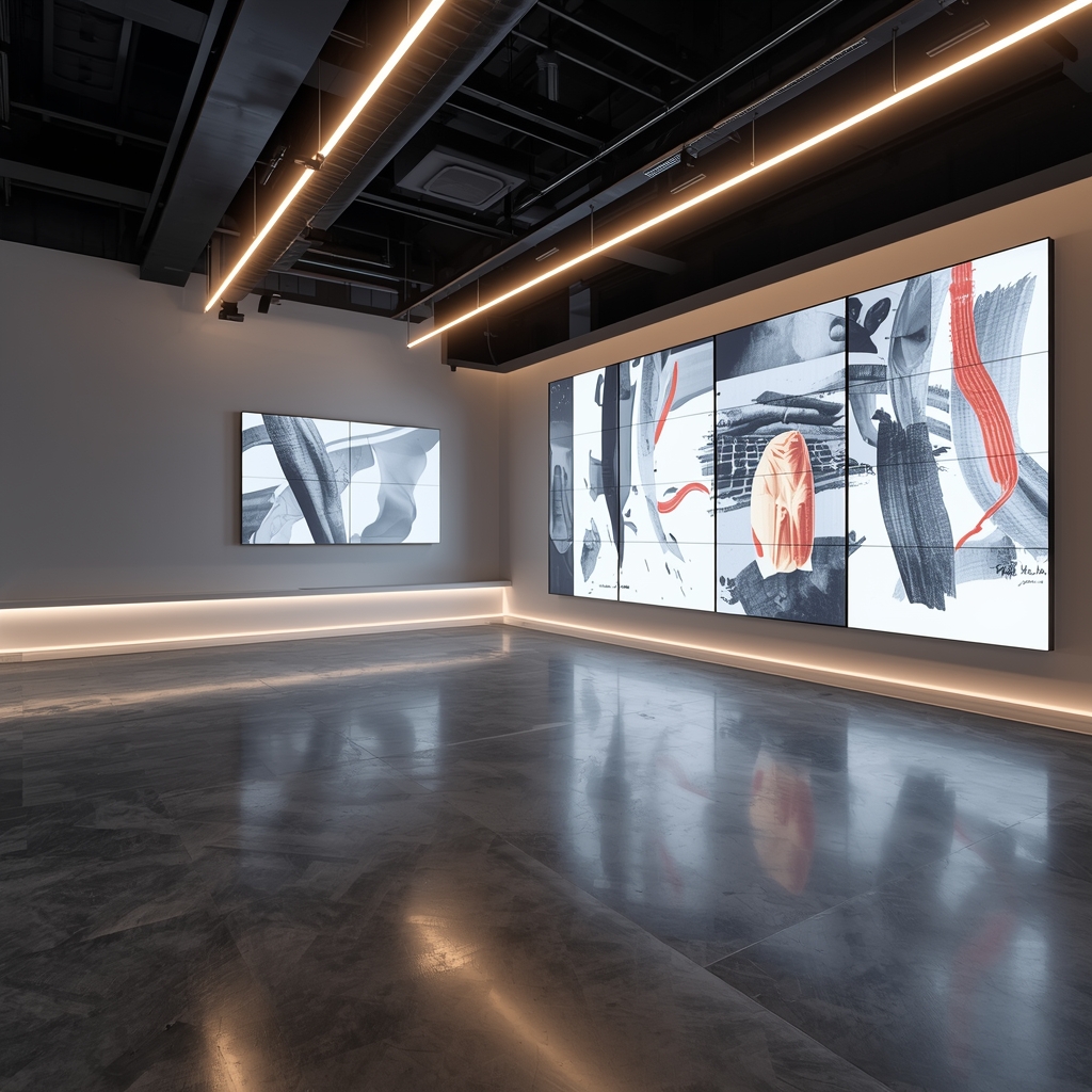A high-end creative design studio with minimalist aesthetics, soft neon lighting, and large digital displays showing abstract art.